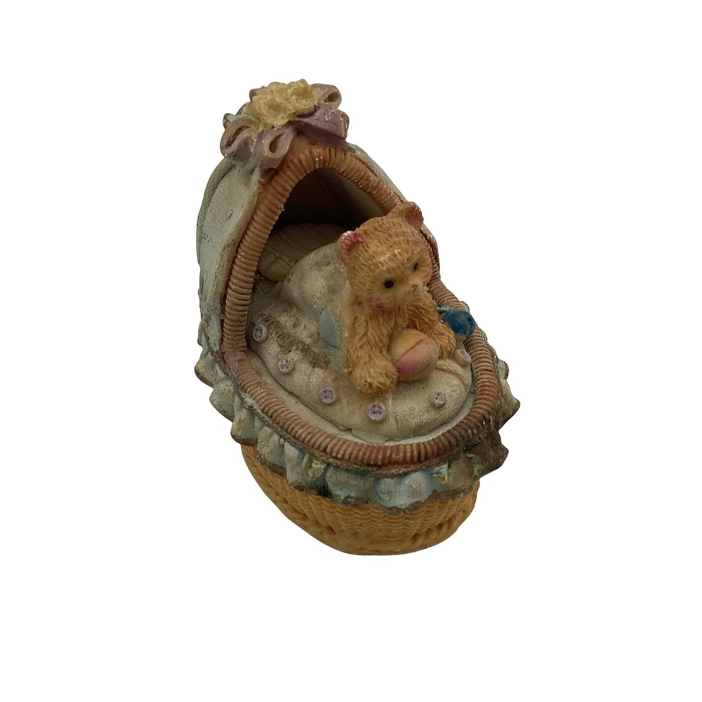 Vintage Teddy Bear in Bassinet Resin Trinket Box Nursery‎ Keepsake Figurine